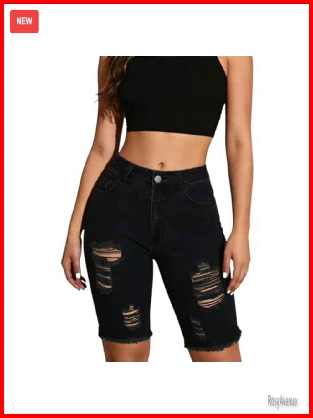 Distressed Knee Length Ripped Stretchy Bermuda Jean Shorts